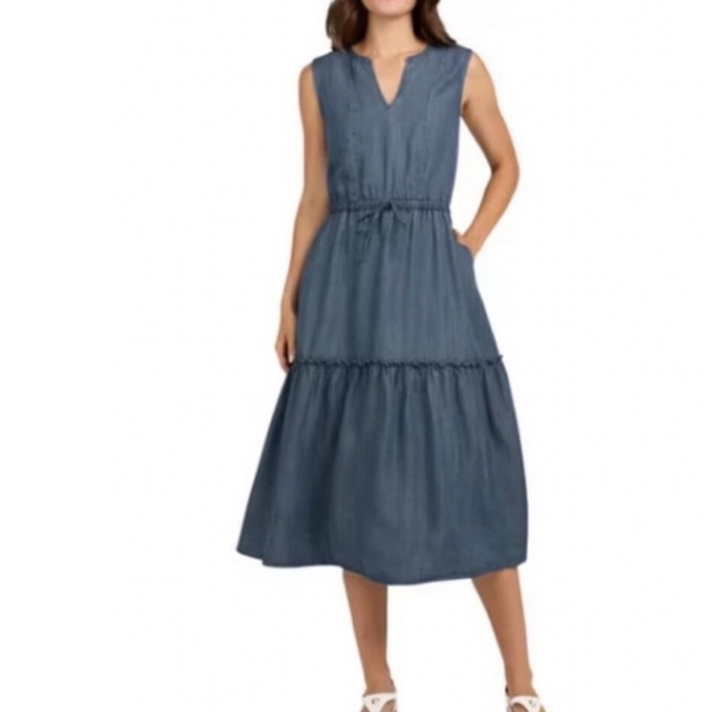 Blue Chambray Tier Prairie Midi Tank Dress LG Cottage Cowgirl V-Neck Blue Pocket